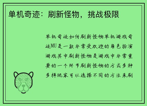 单机奇迹：刷新怪物，挑战极限